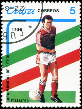 CUBA - CIRCA 1989: stamp printed by Cuba, shows 1990 World Cup Soccer Championships Italy, circa 1989.のeditorial素材