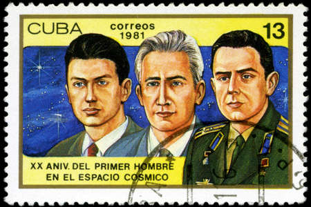 CUBA - CIRCA 1981: a stamp printed in the Cuba shows Konstantin Feoktistov, Boris Yegorov and Vladimir Komarev, Voskhod 1 Crew, 20th Anniversary of 1st Man in Space, circa 1981のeditorial素材