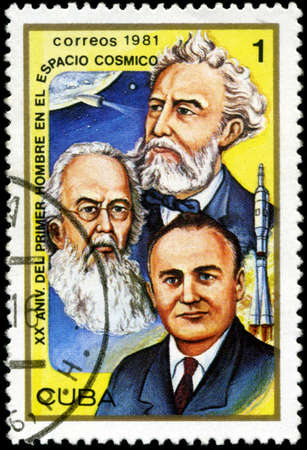 CUBA - CIRCA 1981: a stamp printed in the Cuba shows Jules Verne, Konstantin E. Tsiolkovski and...