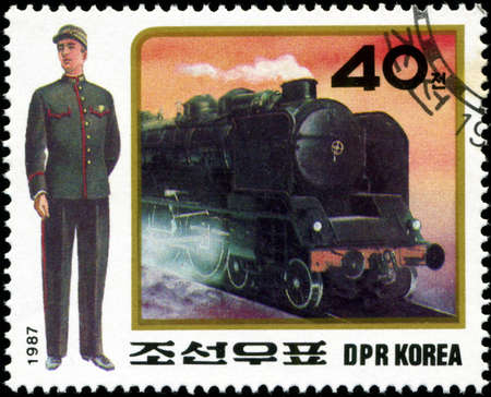 KOREA - CIRCA 1987: A stamp printed in Korea showing steam locomotive, circa 1987のeditorial素材