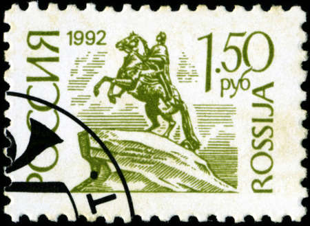 USSR - CIRCA 1992: A stamp printed USSR shows image monument of Peter 1, circa 1992のeditorial素材