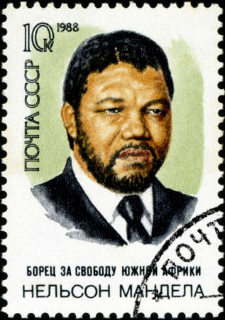 USSR - CIRCA 1988: A stamp printed in USSR shows Nelson Rolihlahla Mandela, South African anti-apartheid leader, circa 1988のeditorial素材