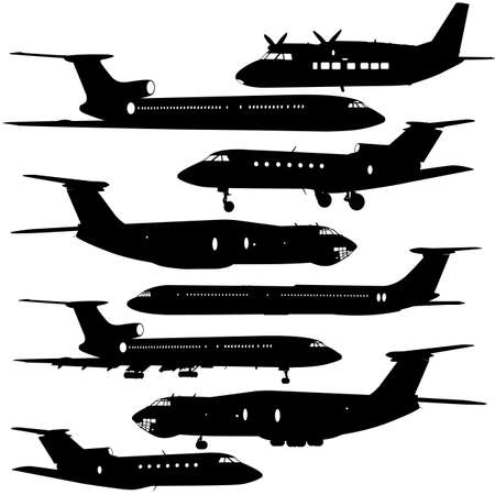 Collection of different  aircraft silhouettes.  vector illustration のイラスト素材