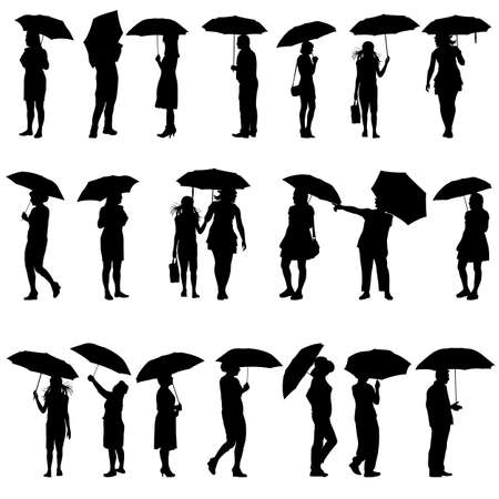 Set of black silhouettes of men and women with umbrellas illustration.のイラスト素材