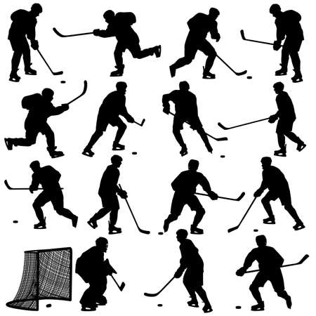 Set of silhouettes of hockey player. Isolated on white. illustrations.のイラスト素材