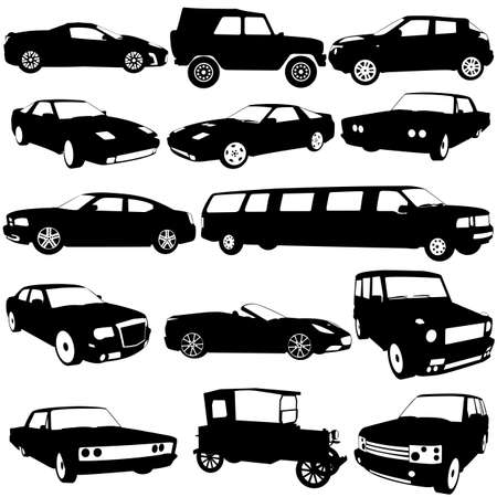 Set black silhouettes of different types of the cars on white background. Vector illustration.のイラスト素材