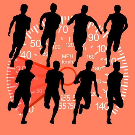 Set of silhouettes. Runners on sprint, men against the background of the speedometer. vector...