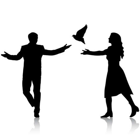 Silhouettes girl and guy released doves into the skyのイラスト素材
