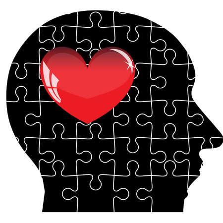 Jigsaw puzzle of human head with red heart. Vector illustration.のイラスト素材