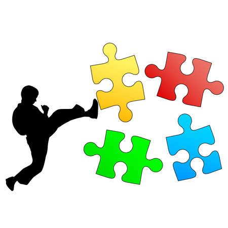 Jigsaw puzzle silhouette of karate breaks leg. Vector illustration.のイラスト素材
