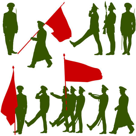 Silhouette  military people  with flags collection.  Vector illustration.のイラスト素材