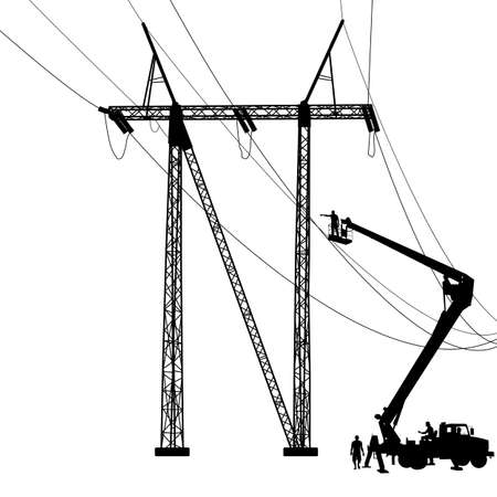 Electrician, making repairs at a power pole. Vector illustration.のイラスト素材