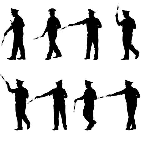 Set black silhouettes  Police officer  with a rod on white background. Vector illustration.のイラスト素材