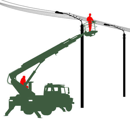 Electrician, making repairs at a power pole. Vector illustration.のイラスト素材