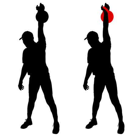 Silhouette muscular man holding kettle bell.  Vector illustration.のイラスト素材