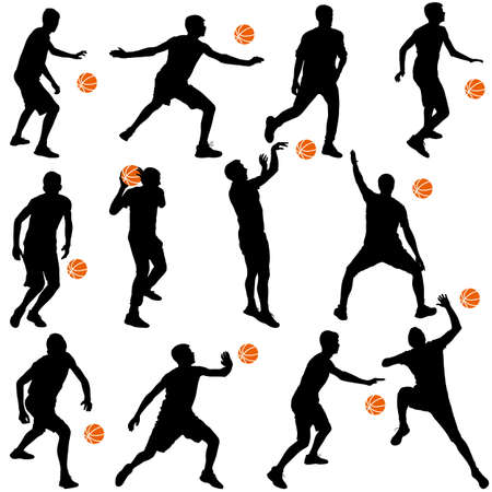 Black silhouettes of men playing basketball on a white background. Vector illustration.のイラスト素材