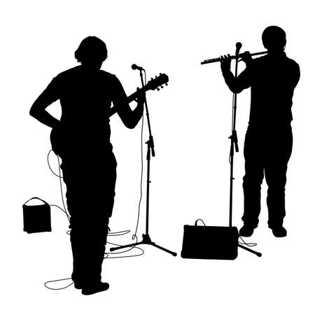 Silhouettes musicians plays the guitar and flute. Vector illustration.のイラスト素材
