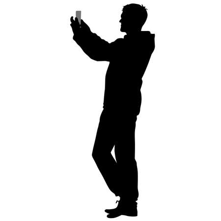 Silhouettes man taking selfie with smartphone on white background. Vector illustration.のイラスト素材
