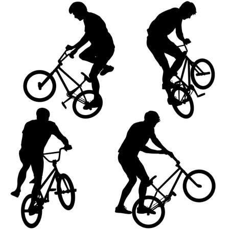 Set silhouette of a cyclist male performing acrobatic pirouettes.  illustration.のイラスト素材