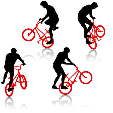 Set silhouette of a cyclist male performing acrobatic pirouettes. vector illustration.のイラスト素材