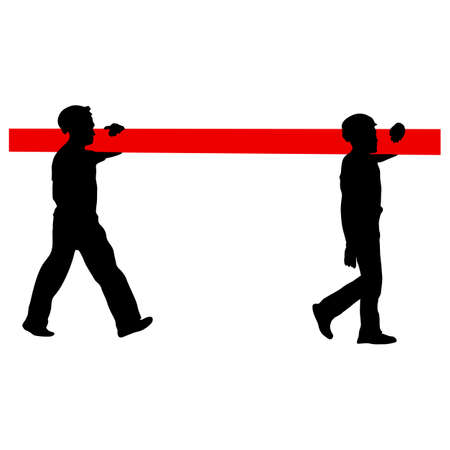 Silhouette of two construction workers carry pipe. Vector illustration.のイラスト素材