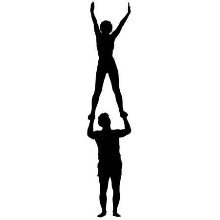 Black silhouette two acrobats show stand on hand. Vector illustration.のイラスト素材
