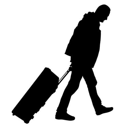 Black silhouettes travelers with suitcases on white background. Vector illustration.のイラスト素材