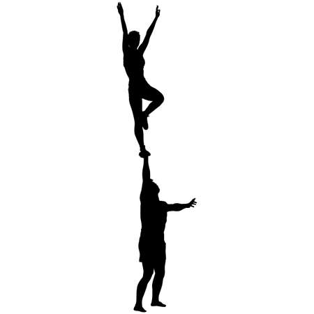 Black silhouette two acrobats show stand on hand. Vector illustration.のイラスト素材