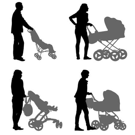 Set black silhouettes Family with pram on white background. Vector illustration.のイラスト素材