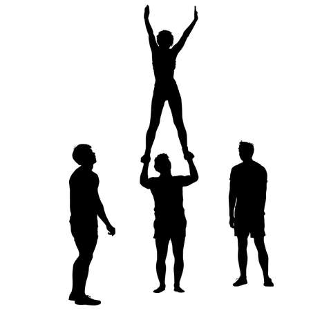 Black silhouette two acrobats show stand on hand. Vector illustration.のイラスト素材