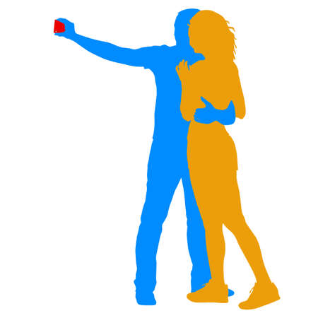 Silhouettes man and woman taking selfie with smartphone on white background. Vector illustration.のイラスト素材