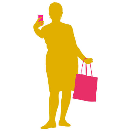 Silhouettes woman taking selfie with smartphone on white background. Vector illustration.のイラスト素材