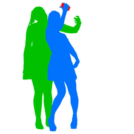 Silhouettes woman taking selfie with smartphone on white background. Vector illustration.のイラスト素材
