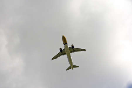 Airplane flies against a background of white clouds