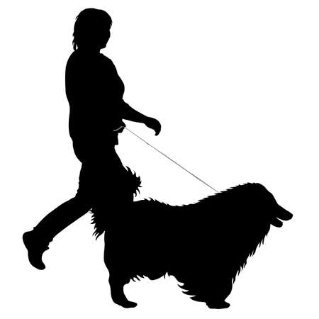 Silhouette of woman and dog on a white background.のイラスト素材