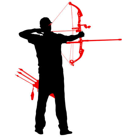 Silhouette attractive male archer bending a bow and aiming in the target.