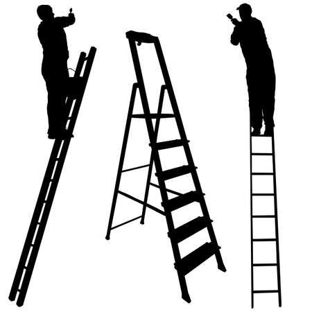 Silhouette worker climbing the ladder on white background.のイラスト素材