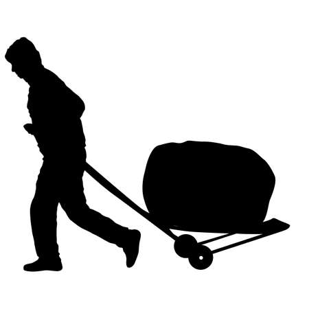 Black silhouette hard worker pushing wheelbarrow and carry big box isolated on white background.のイラスト素材