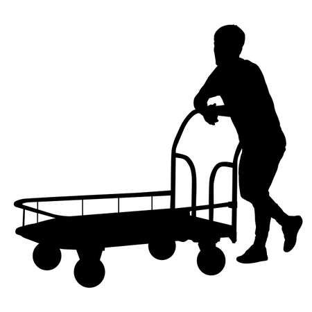 Black silhouette hard worker pushing wheelbarrow and carry big box isolated on white background.のイラスト素材