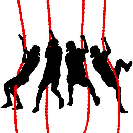 Black set silhouette Mountain climber climbing a tightrope up on hands.のイラスト素材