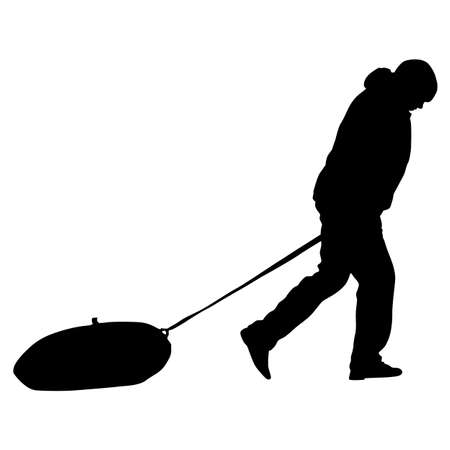 Silhouette of man and having fun inflatable rubber tube sled on white background.のイラスト素材