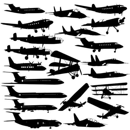 Set of silhouettes of planes from different eras on a white background.のイラスト素材