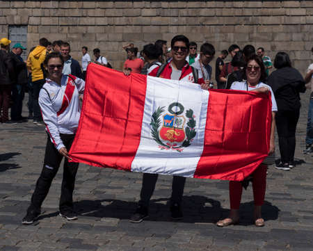 MOSCOW - JUNE 15, 2018: Soccer World Cup Fanatics of Peru with flags with their typical costumes in...