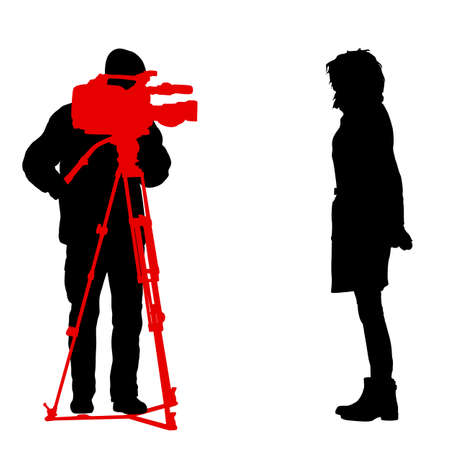 Cameraman with video camera. Silhouettes on white background.