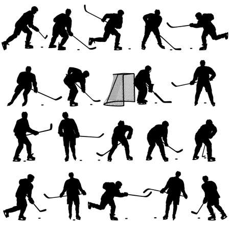 Set of silhouettes of hockey player. Isolated on white.のイラスト素材