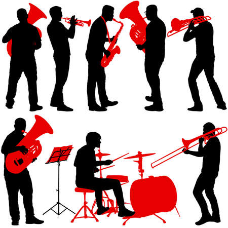 Set silhouette of musician playing the trombone, drummer, tuba, trumpet, saxophone, on a white background.のイラスト素材