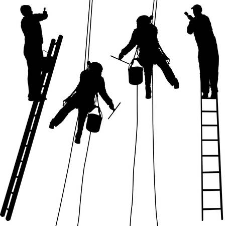 Silhouette worker climbing the ladder on white background.のイラスト素材
