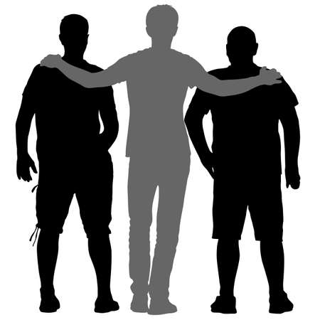 Black silhouette three men stand embracing on white background.のイラスト素材