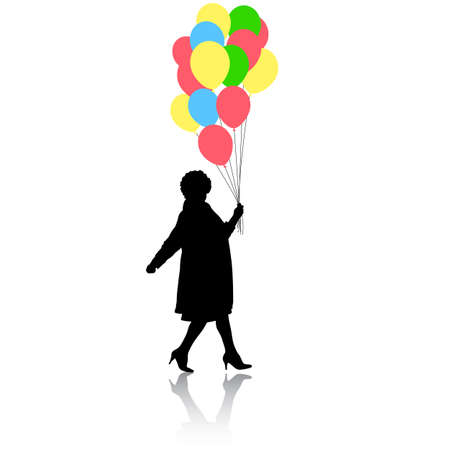 Silhouette of a girl with balloons in hand on a white background.のイラスト素材
