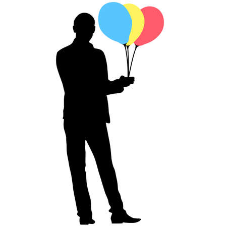 Silhouette of a men with balloons in hand on a white background.のイラスト素材